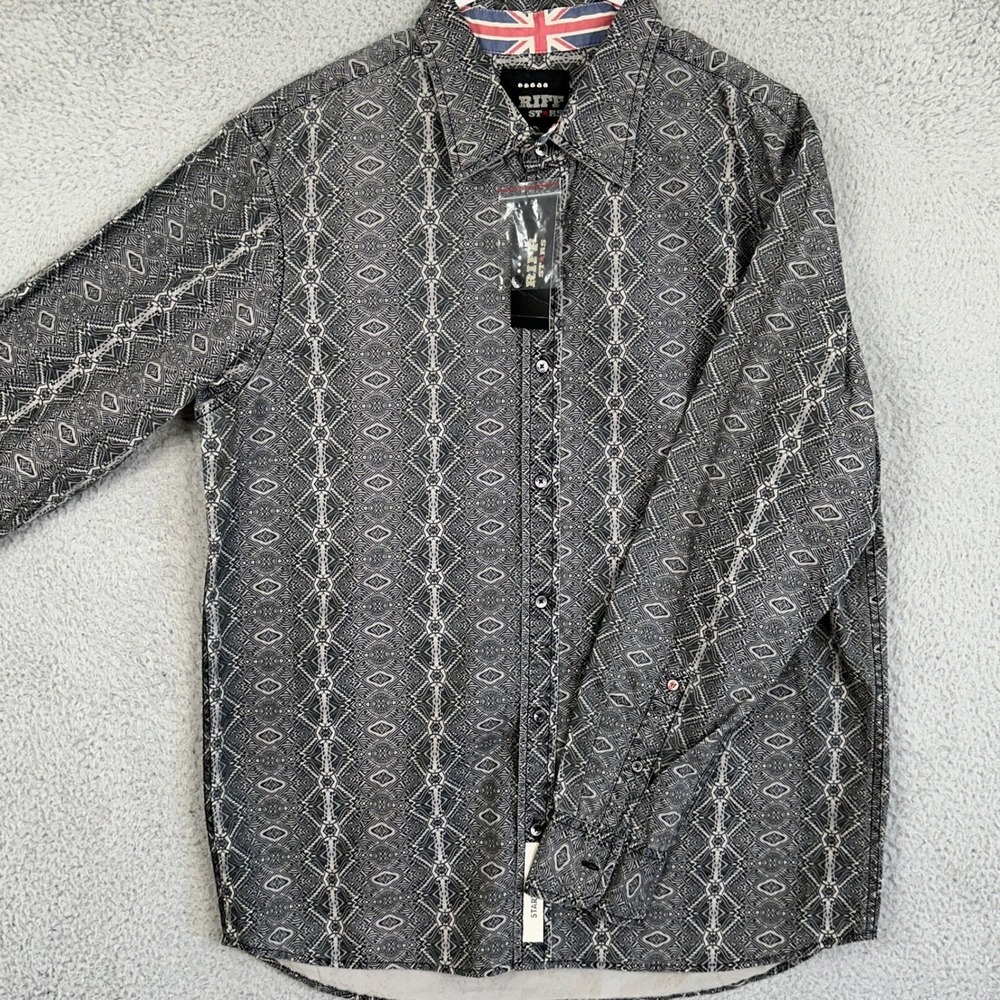 NEW Riff Stars Shirt Mens Large Black White Button Up Tribal Print Long Sleeve